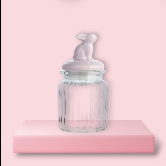 NEW Spring/Easter Glass Jar with Pink Ceramic Vacuum Seal Rabbit Lid - Picture 1 of 3